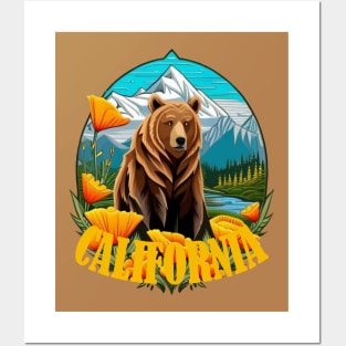 Bear In Mountain Landscape Surrounded By Orange California Poppies 2 Posters and Art